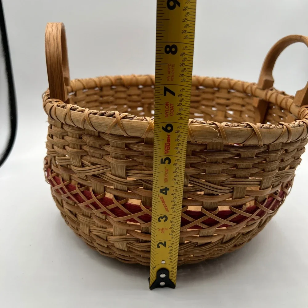 Handmade Round Woven Basket Wood Base Red Accent Band Bentwood Handles 11in